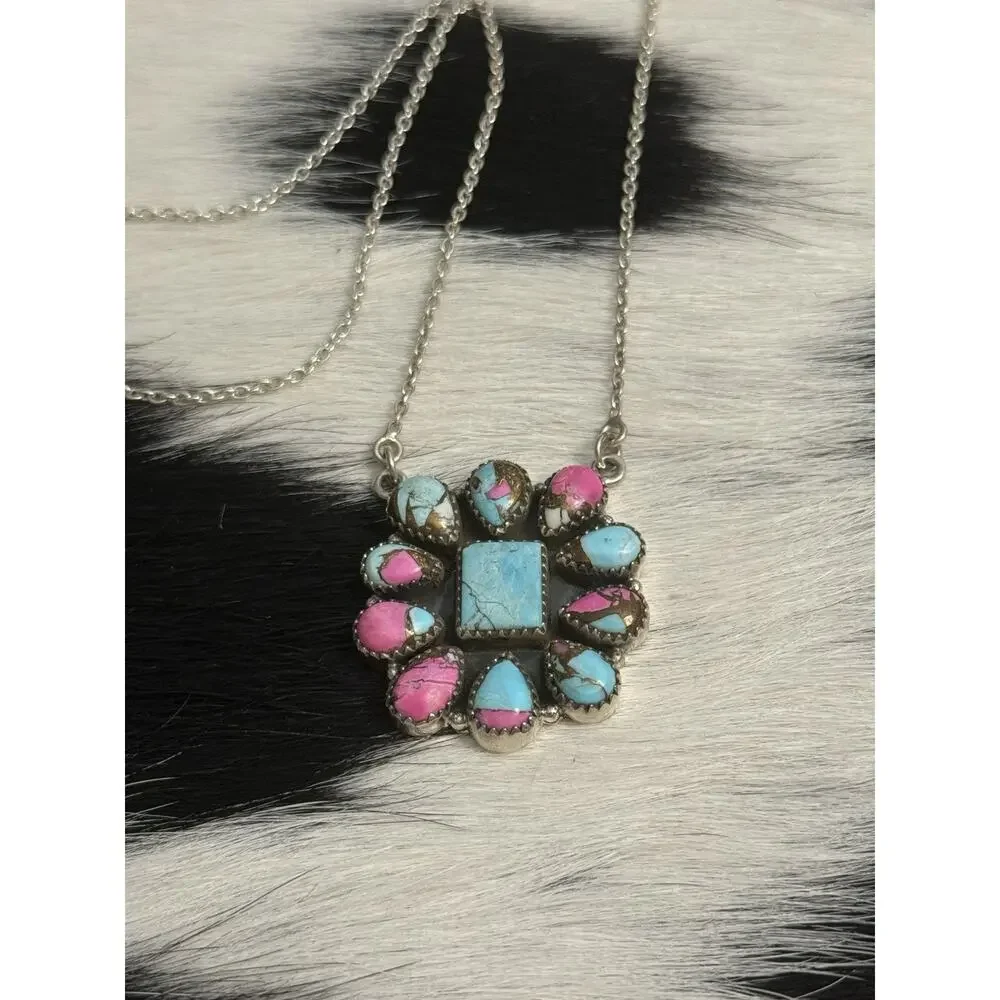 Native Southwest Sterling Silver Cotton Candy Turquoise Cluster Pendant Necklace